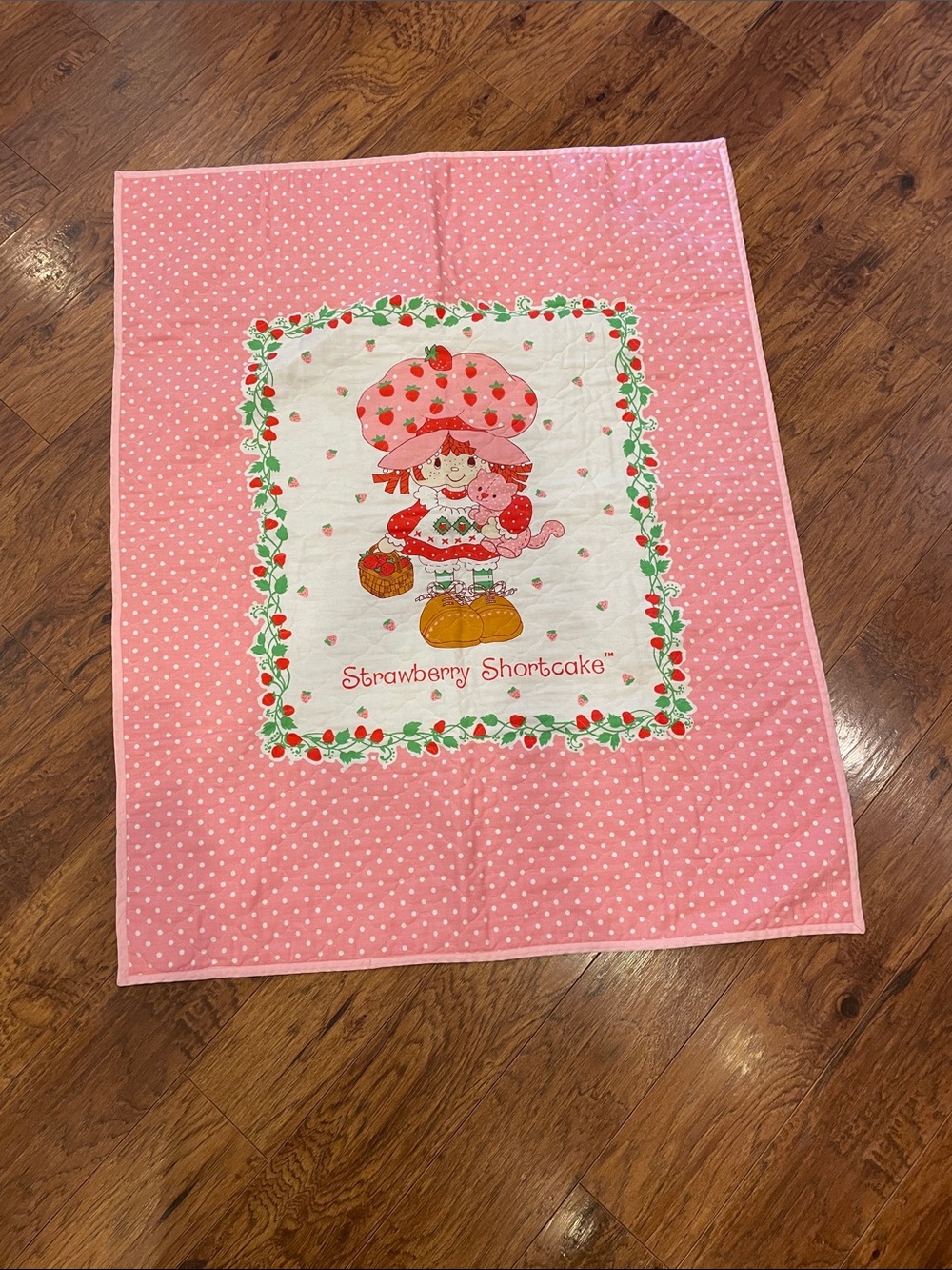 Vintage Strawberry Shortcake Pink Polka Dot Baby Small Quilt Blanket 1980’s